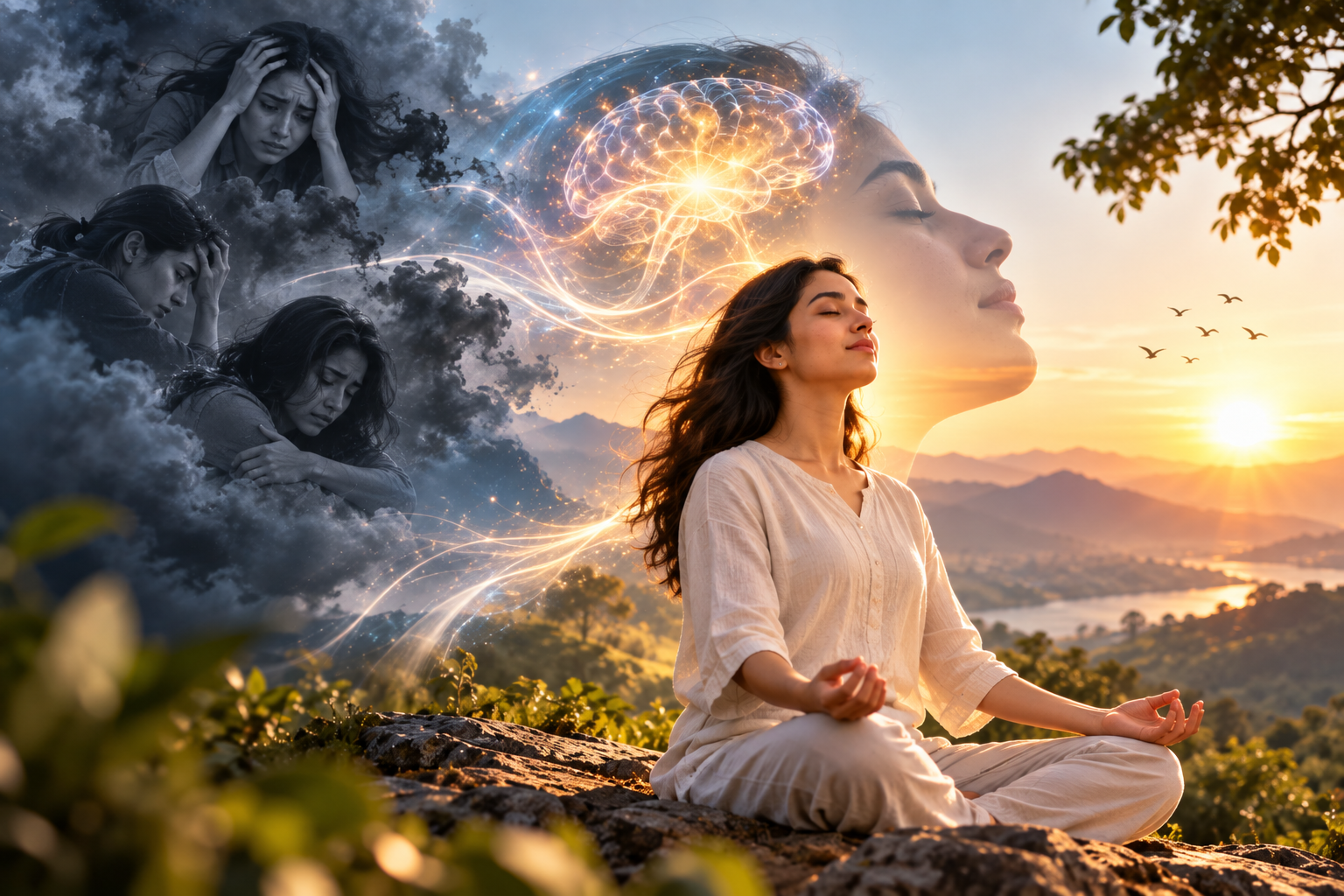 Conceptual illustration of a woman moving from emotional stress towards calm reflection