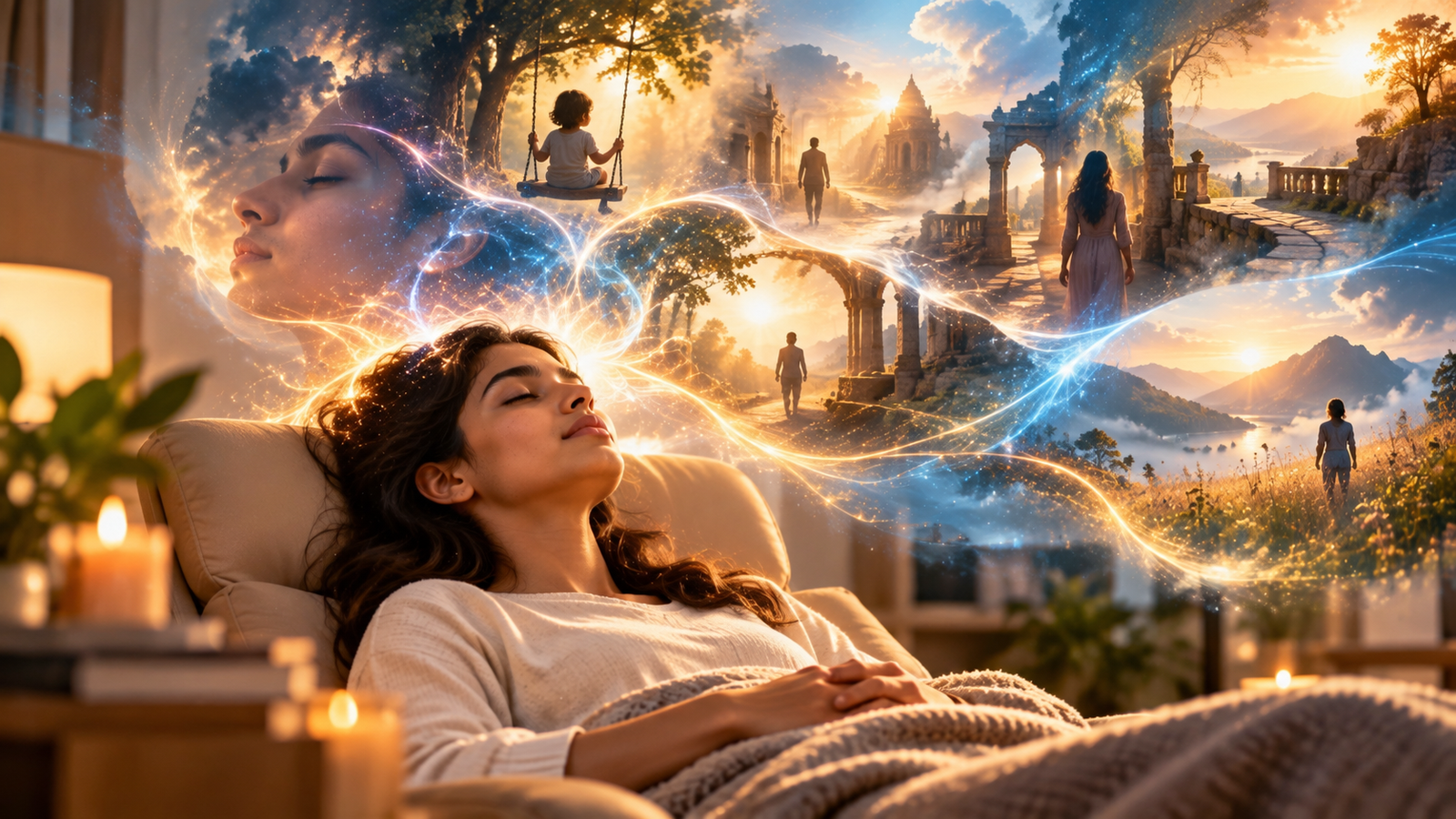 Conceptual illustration of a woman in deep relaxation with imagined memories and landscapes