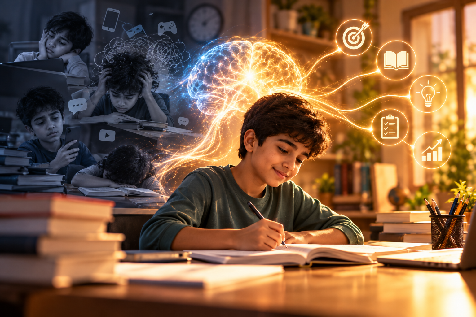 Conceptual illustration of a student moving from distraction towards focused study