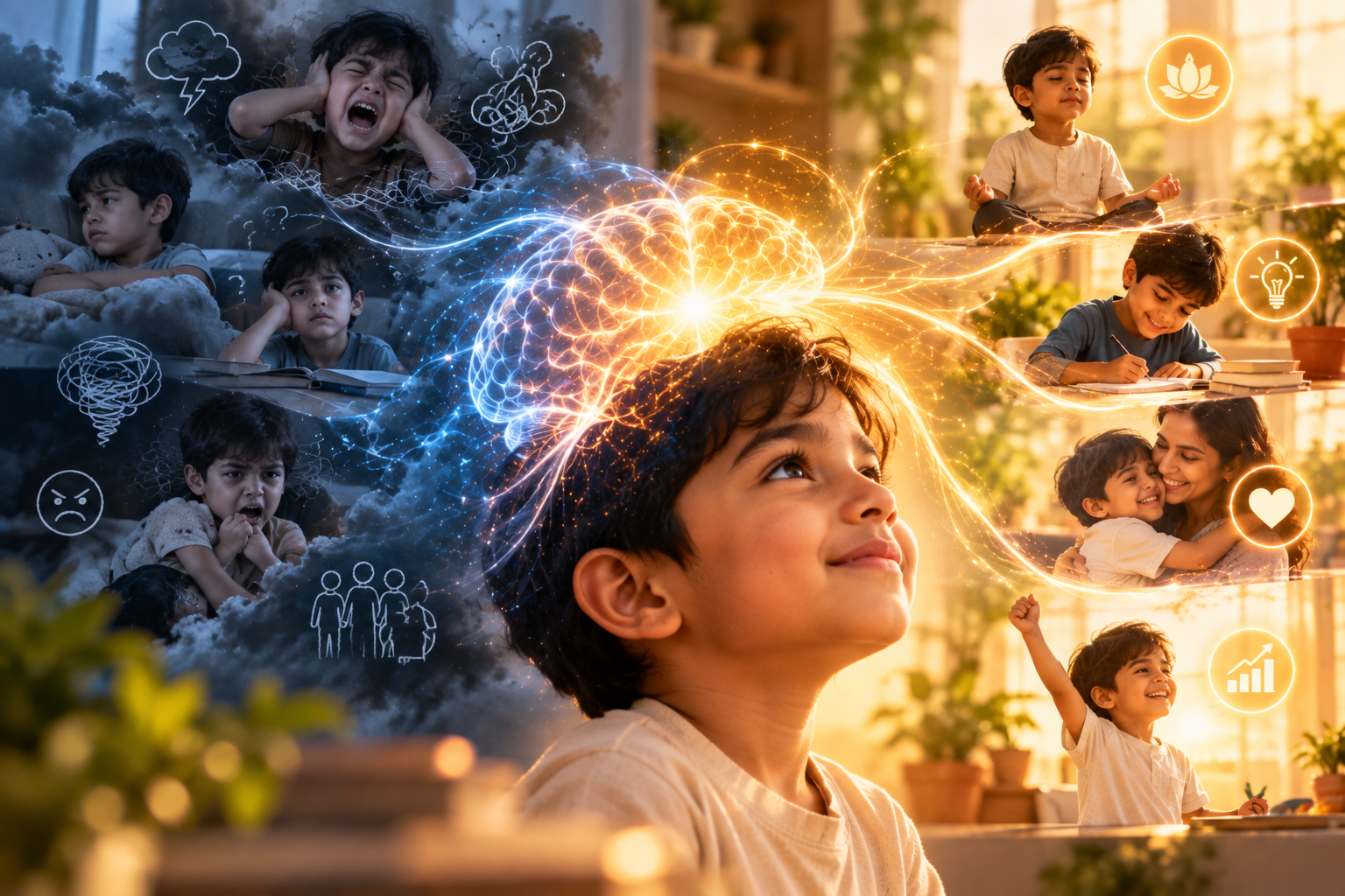 Conceptual illustration of a child moving from behavioural difficulty towards calm and connection
